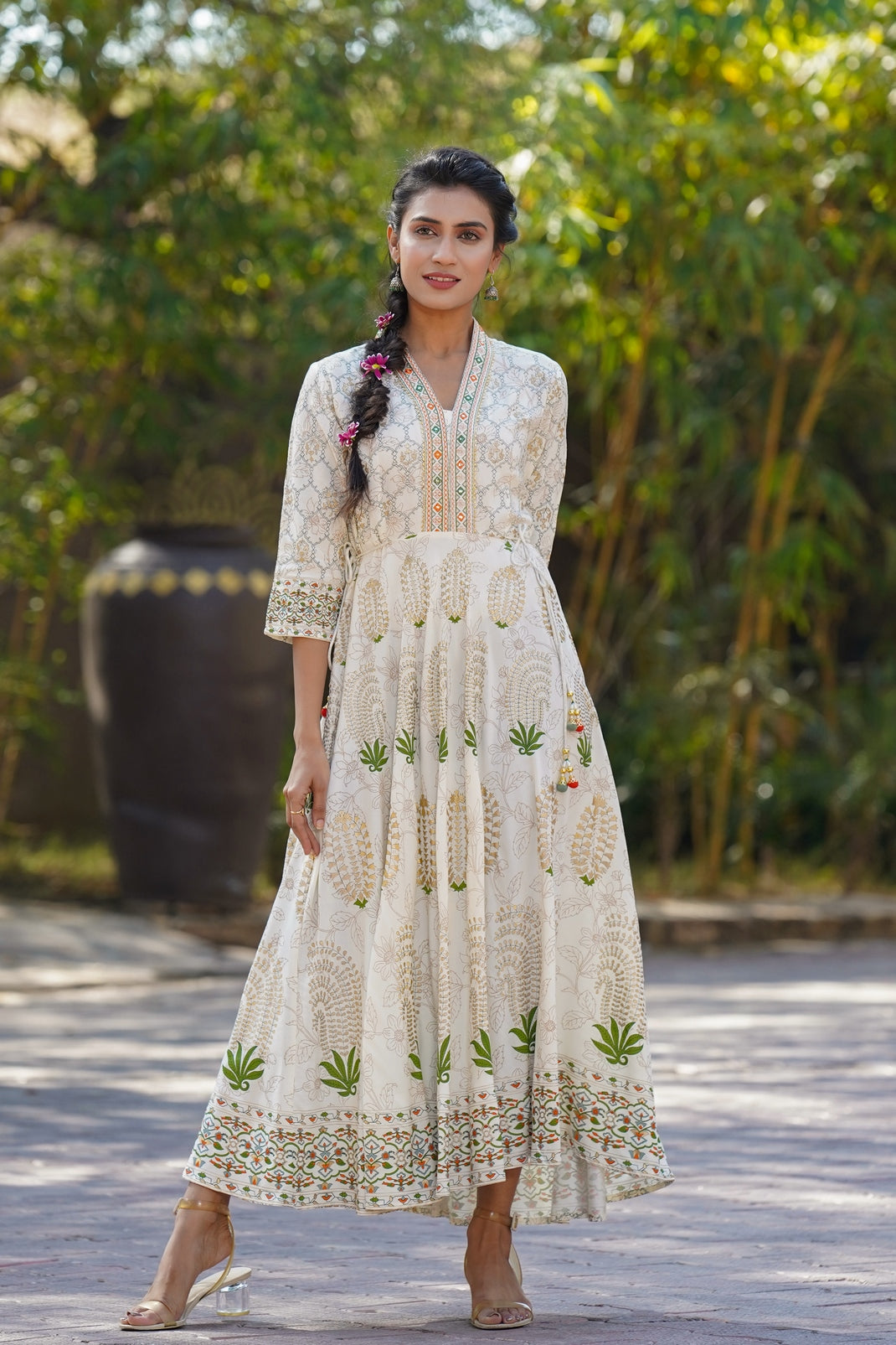 Ivory Rayon Printed Flared Dress