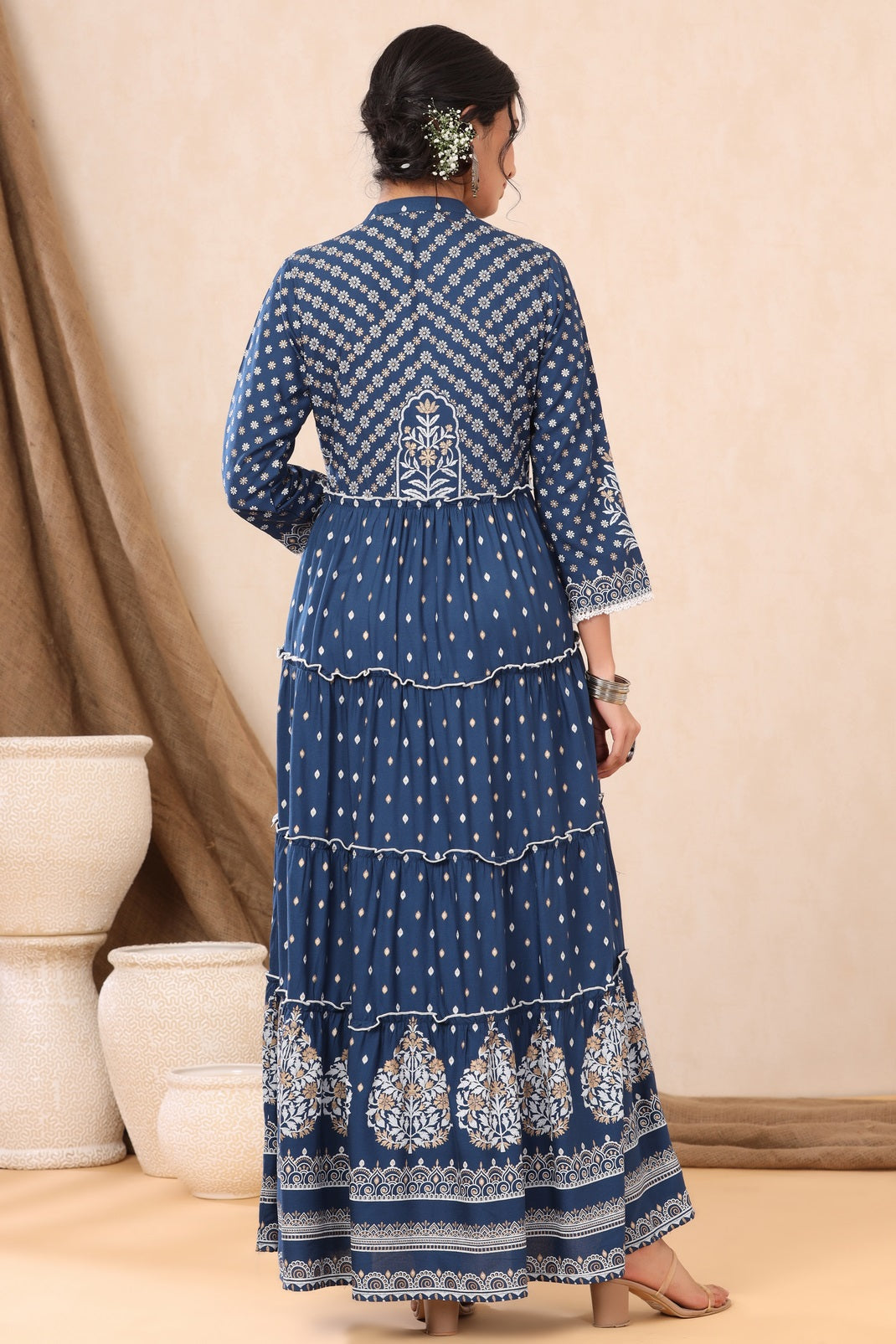 Indigo Rayon Printed Tiered Dress