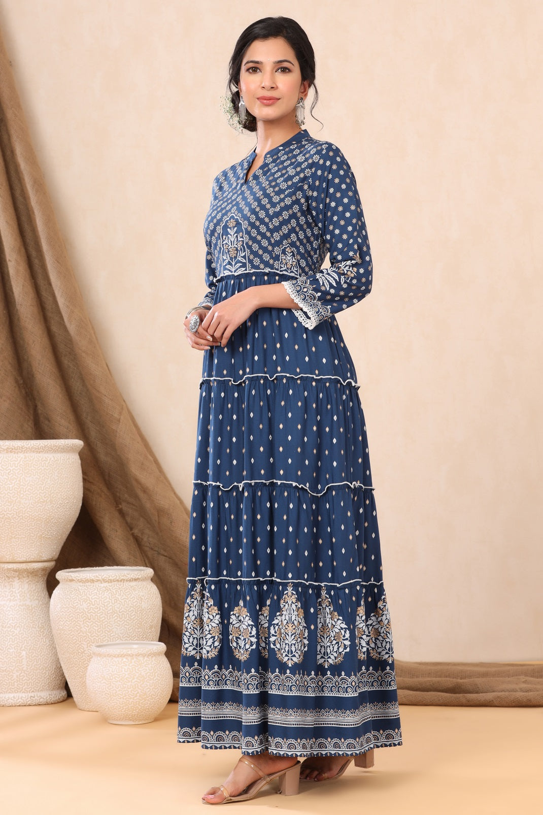 Indigo Rayon Printed Tiered Dress