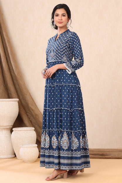Indigo Rayon Printed Tiered Dress