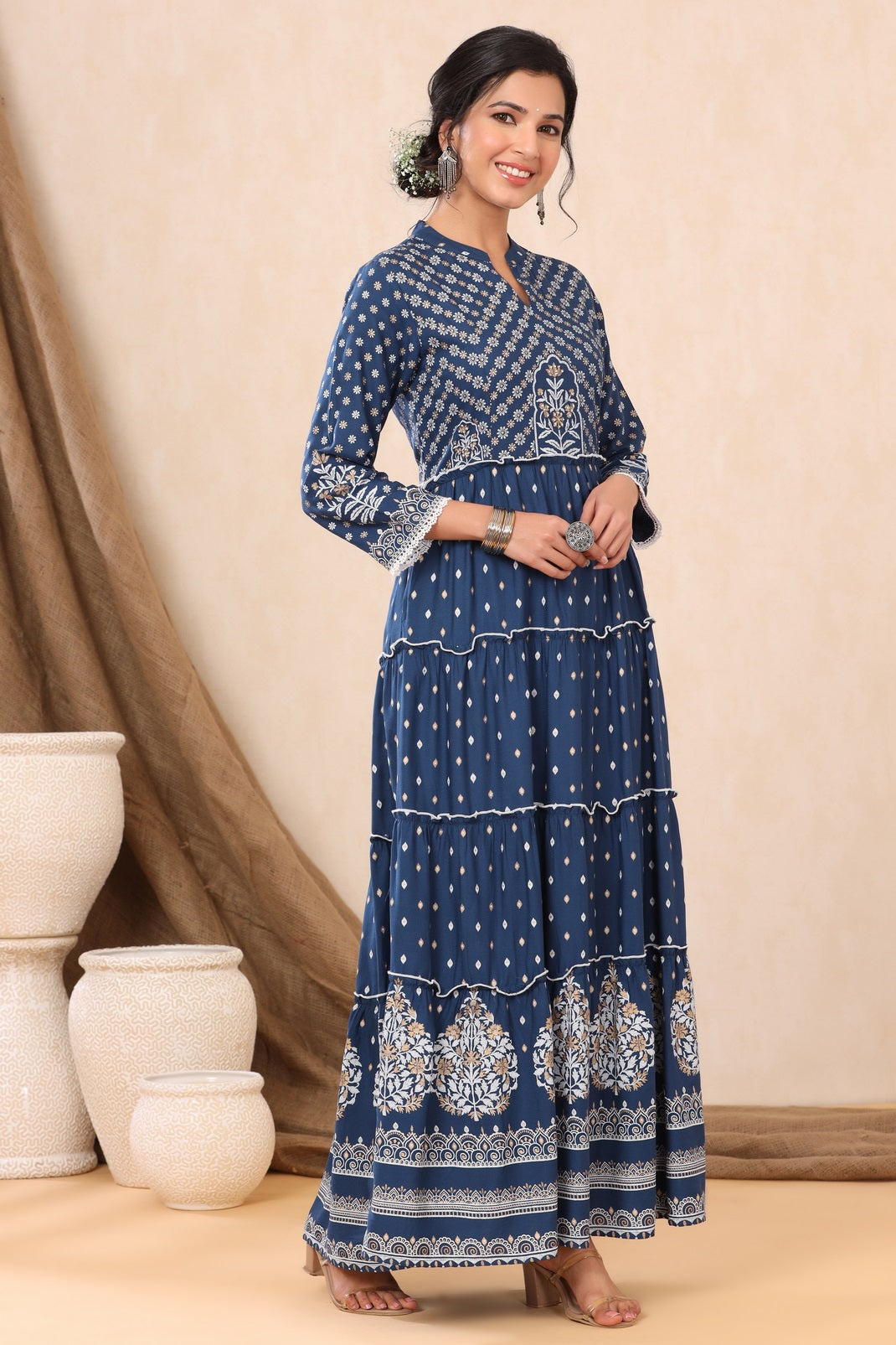 Indigo Rayon Printed Tiered Dress