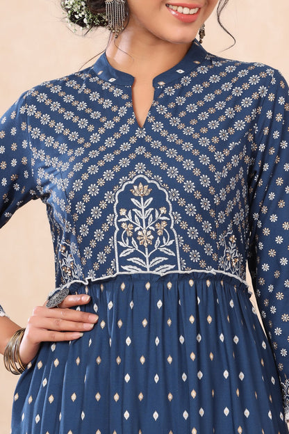 Indigo Rayon Printed Tiered Dress