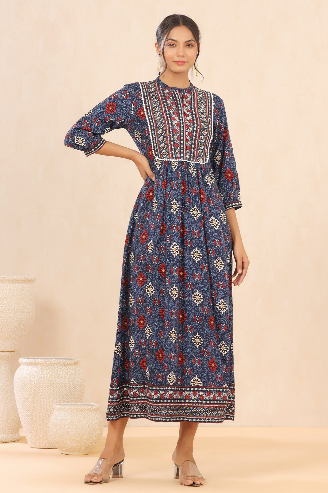 Indigo Rayon Printed Flared Dress
