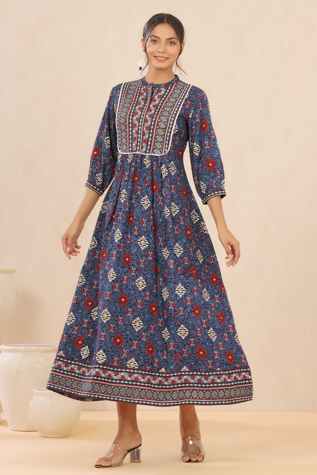 Indigo Rayon Printed Flared Dress