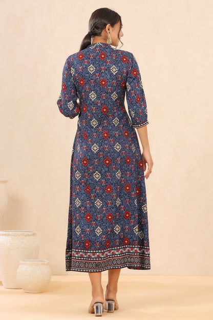 Indigo Rayon Printed Flared Dress