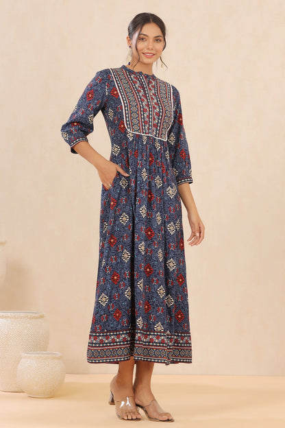 Indigo Rayon Printed Flared Dress