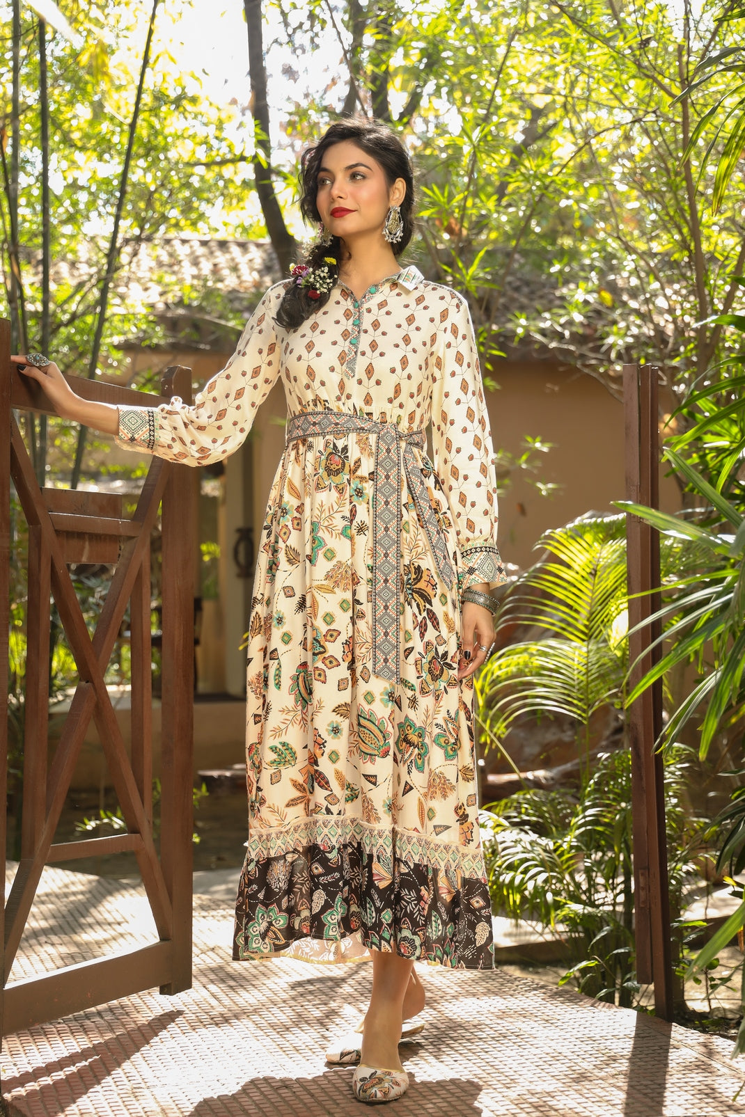 Ivory Rayon Printed Tiered Dress with Belt