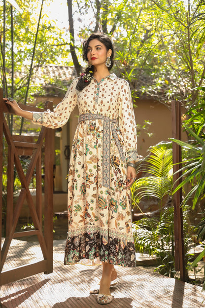 Ivory Rayon Printed Tiered Dress with Belt