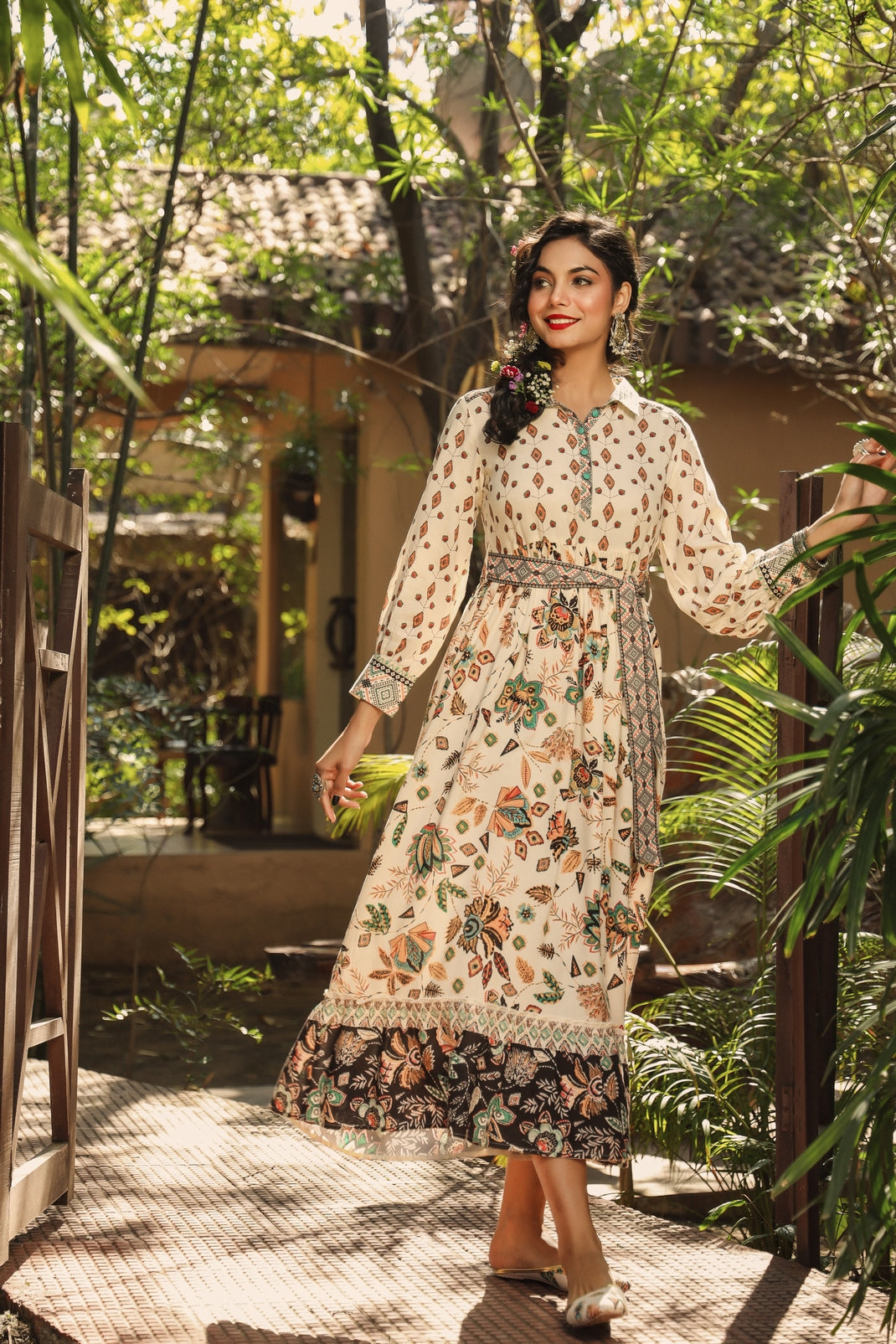 Ivory Rayon Printed Tiered Dress with Belt