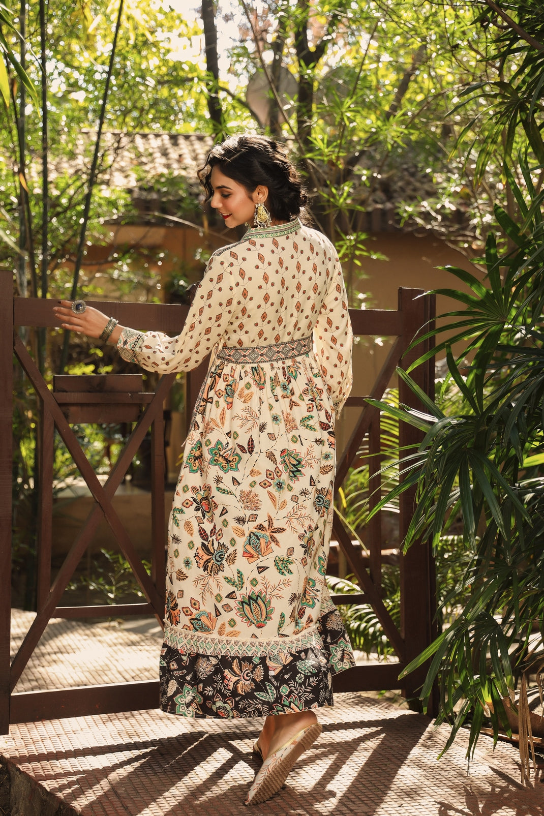 Ivory Rayon Printed Tiered Dress with Belt