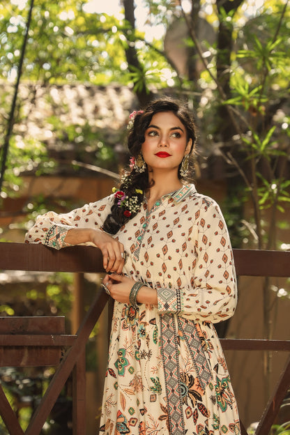 Ivory Rayon Printed Tiered Dress with Belt