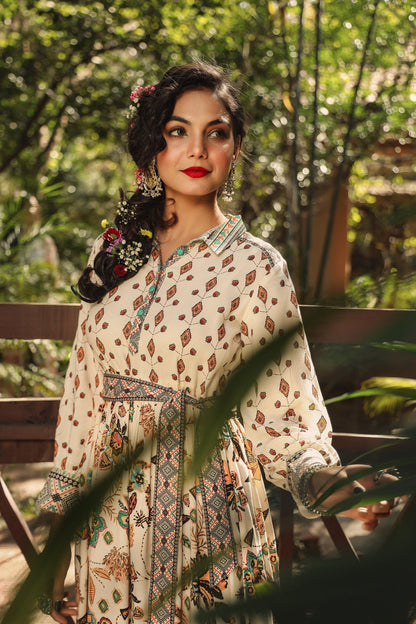 Ivory Rayon Printed Tiered Dress with Belt