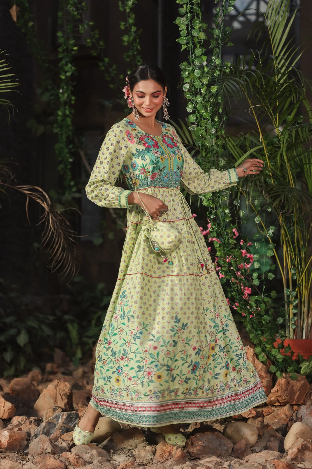 Lime Rayon Printed Tiered Dress with Tie-up Dori