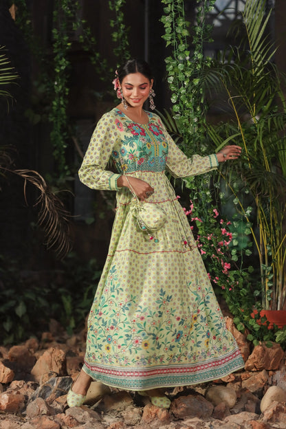 Lime Rayon Printed Tiered Dress with Tie-up Dori