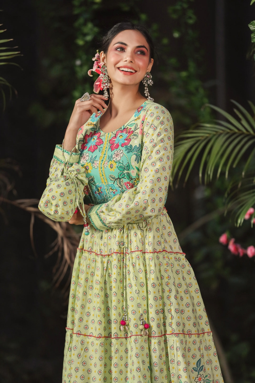 Lime Rayon Printed Tiered Dress with Tie-up Dori
