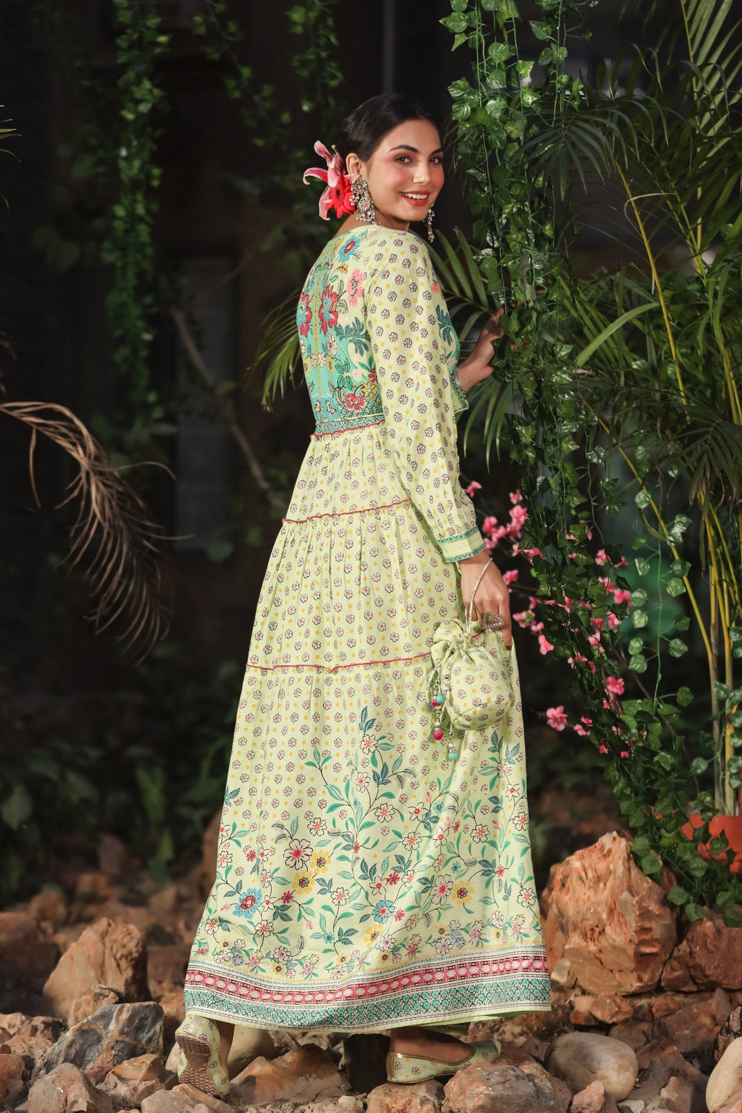 Lime Rayon Printed Tiered Dress with Tie-up Dori