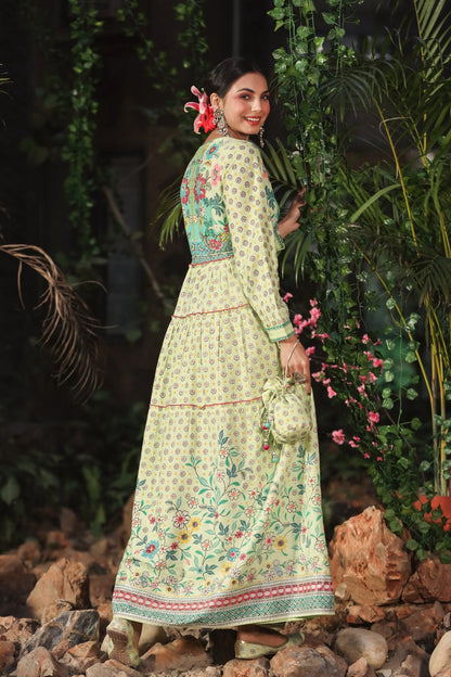 Lime Rayon Printed Tiered Dress with Tie-up Dori