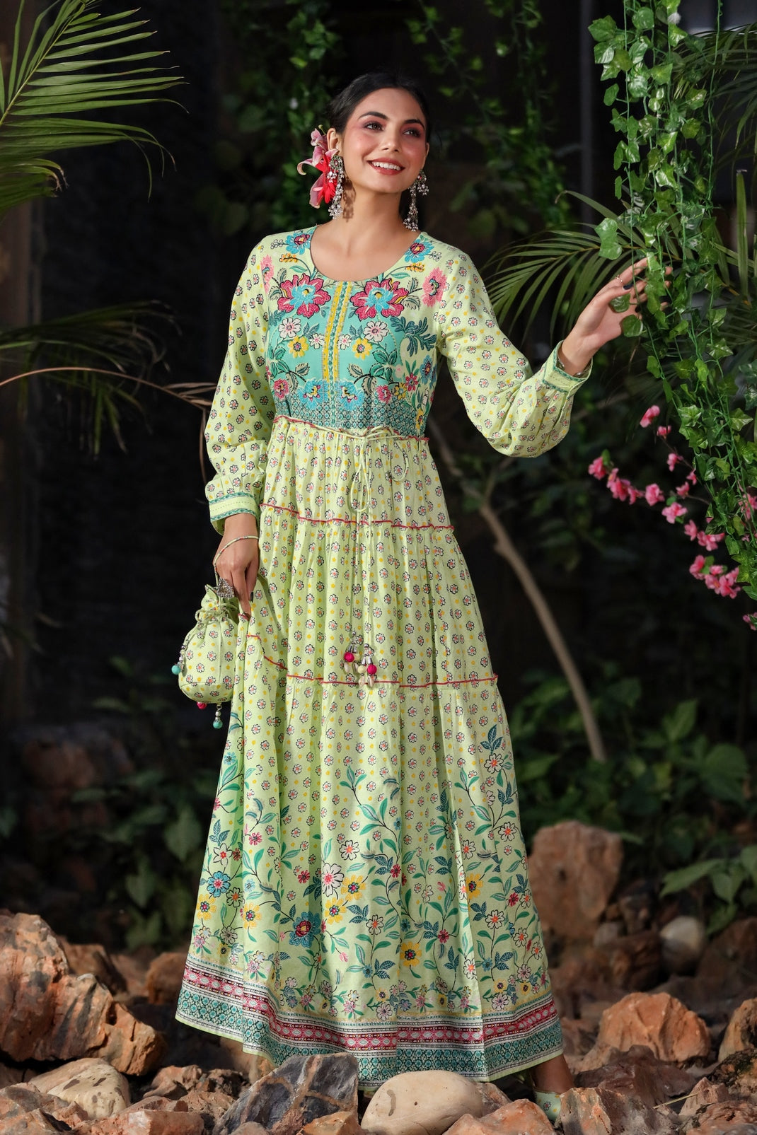 Lime Rayon Printed Tiered Dress with Tie-up Dori