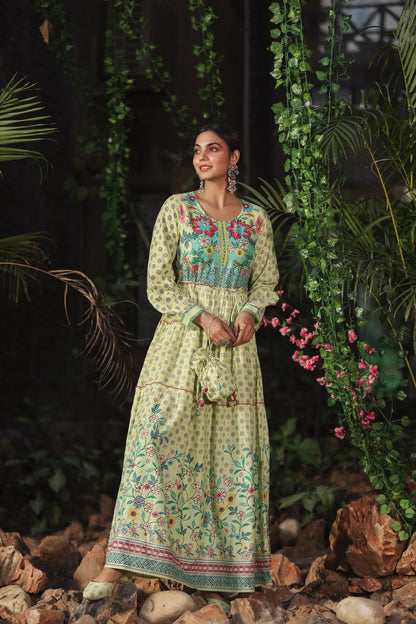 Lime Rayon Printed Tiered Dress with Tie-up Dori