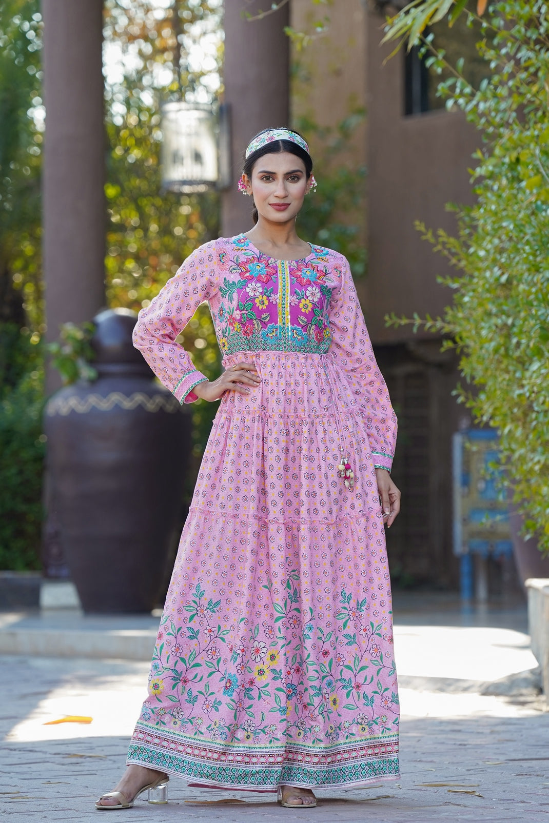 Pink Rayon Printed Tiered Dress with Tie-up Dori