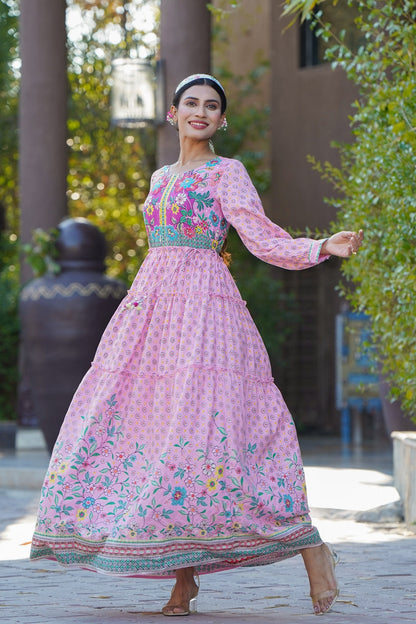 Pink Rayon Printed Tiered Dress with Tie-up Dori