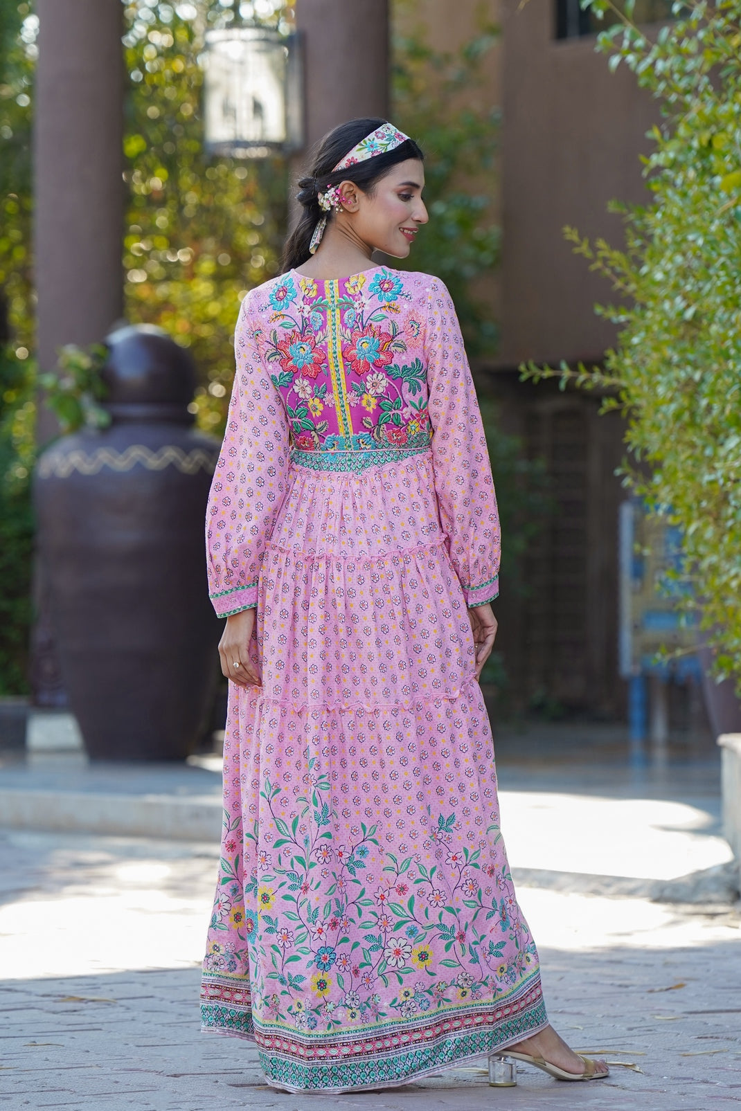 Pink Rayon Printed Tiered Dress with Tie-up Dori