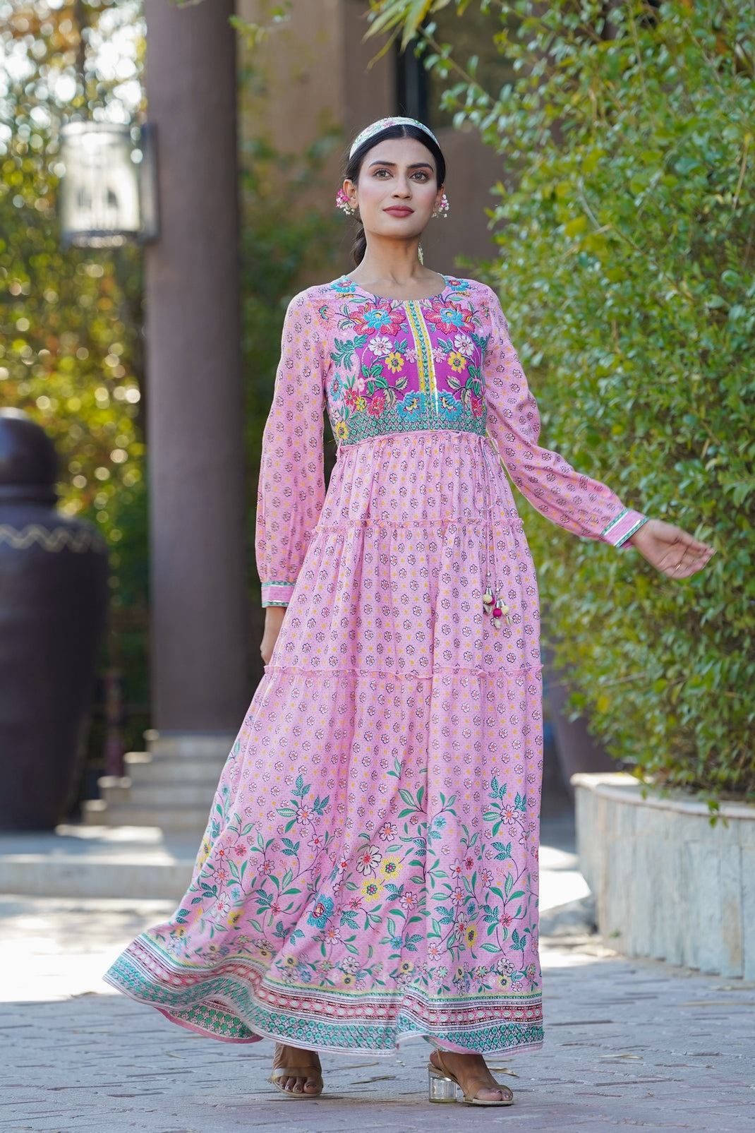 Pink Rayon Printed Tiered Dress with Tie-up Dori