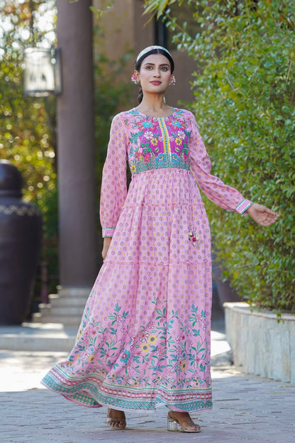 Pink Rayon Printed Tiered Dress with Tie-up Dori