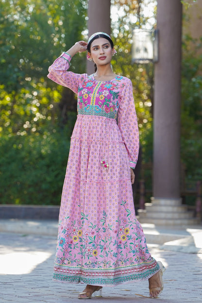 Pink Rayon Printed Tiered Dress with Tie-up Dori