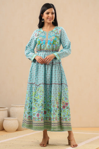 Women`s Skyblue Rayon Printed Tiered Dress