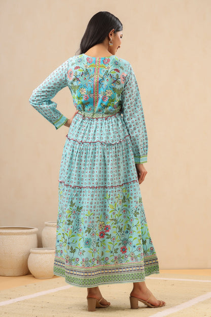 Women`s Skyblue Rayon Printed Tiered Dress