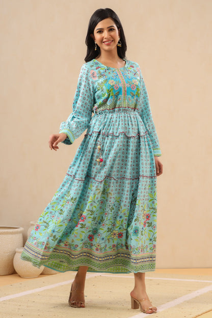 Women`s Skyblue Rayon Printed Tiered Dress