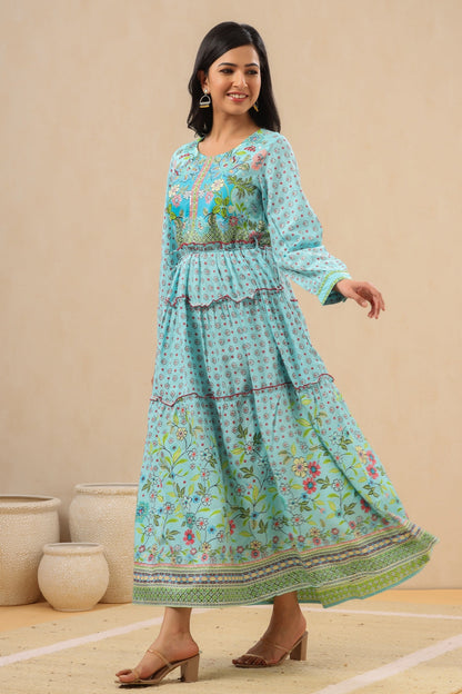 Women`s Skyblue Rayon Printed Tiered Dress