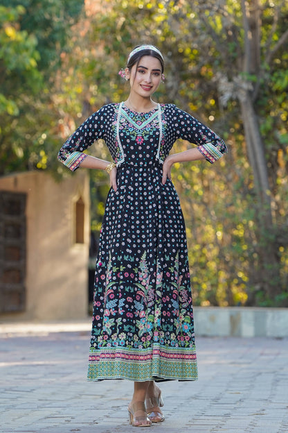 Black Rayon Printed Anarkali Dress with Tie-up Dori