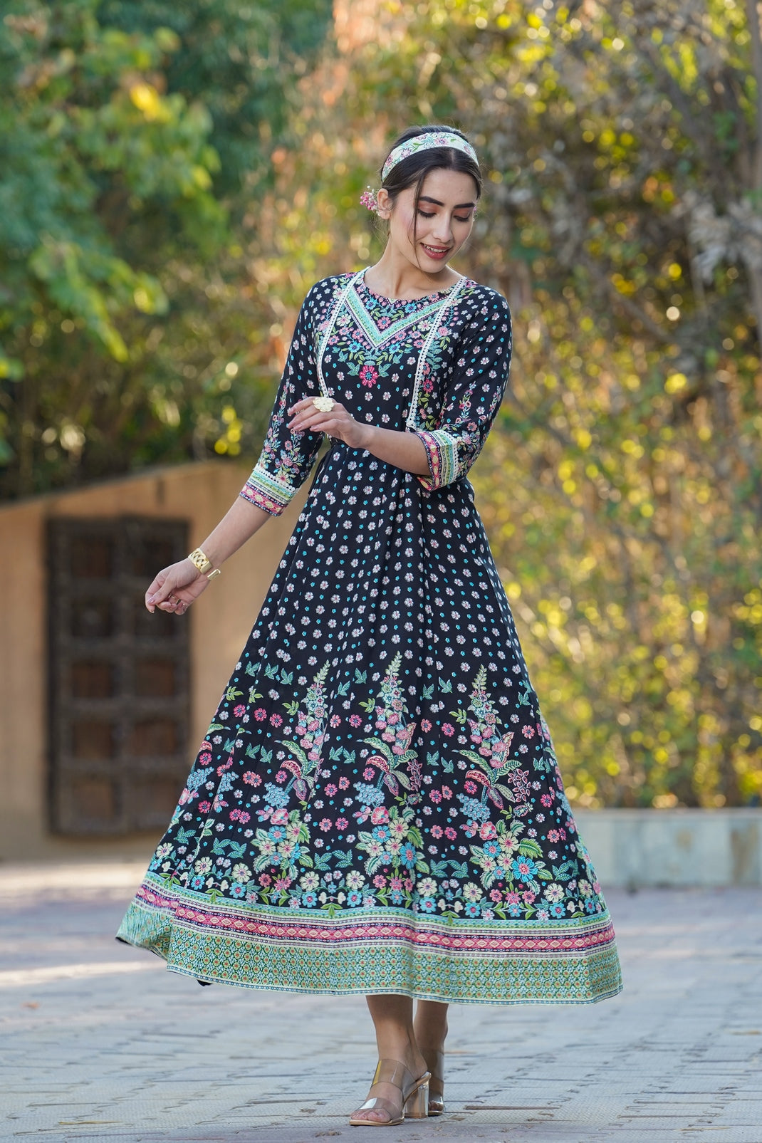 Black Rayon Printed Anarkali Dress with Tie-up Dori