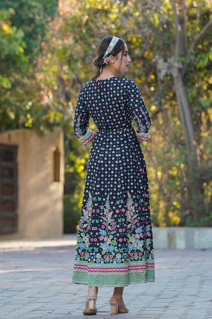 Black Rayon Printed Anarkali Dress with Tie-up Dori