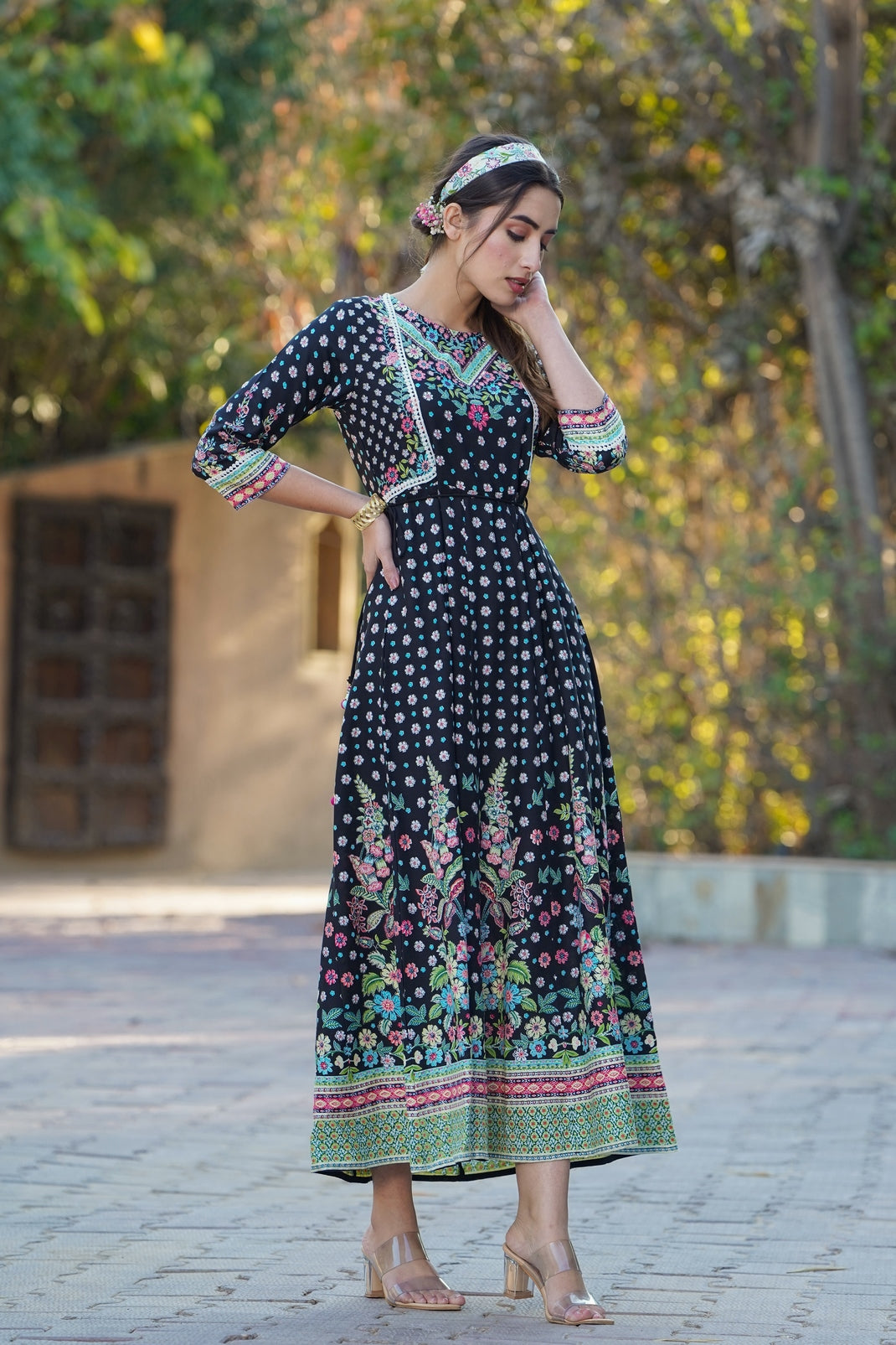 Black Rayon Printed Anarkali Dress with Tie-up Dori