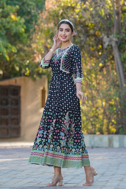 Black Rayon Printed Anarkali Dress with Tie-up Dori