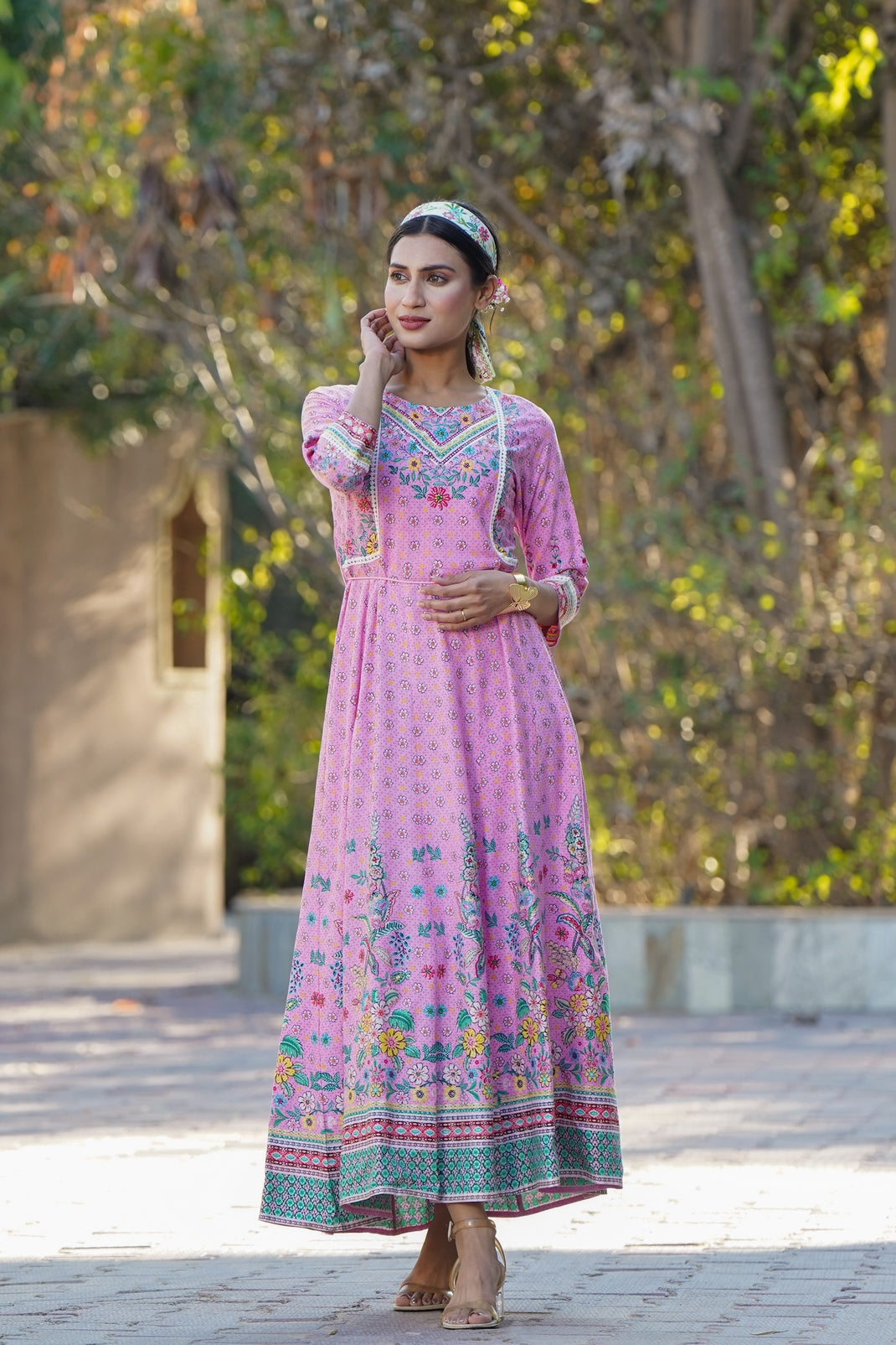 Pink Rayon Printed Anarkali Dress with Tie-up Dori