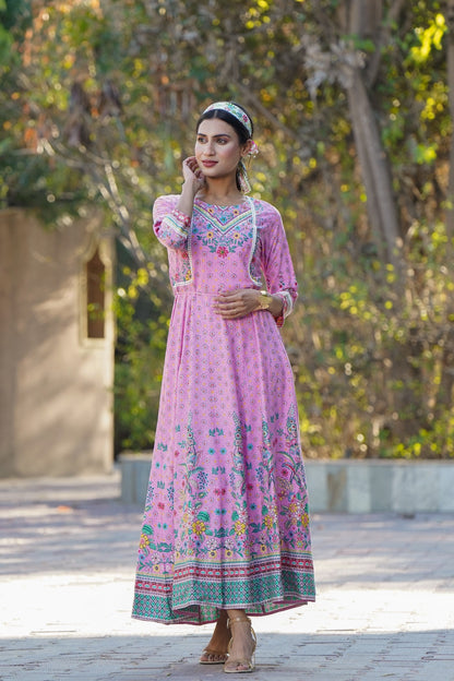 Pink Rayon Printed Anarkali Dress with Tie-up Dori