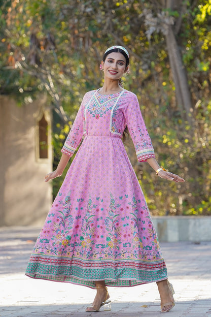 Pink Rayon Printed Anarkali Dress with Tie-up Dori