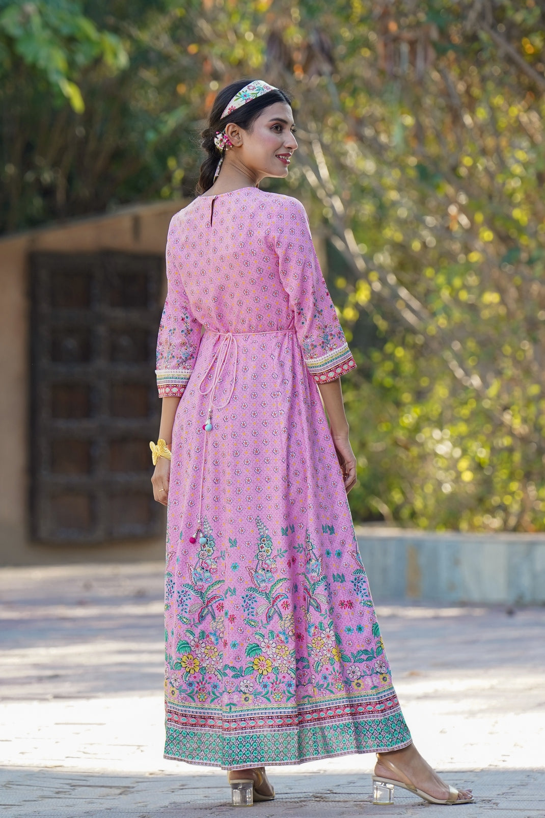 Pink Rayon Printed Anarkali Dress with Tie-up Dori