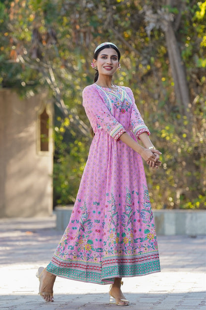 Pink Rayon Printed Anarkali Dress with Tie-up Dori