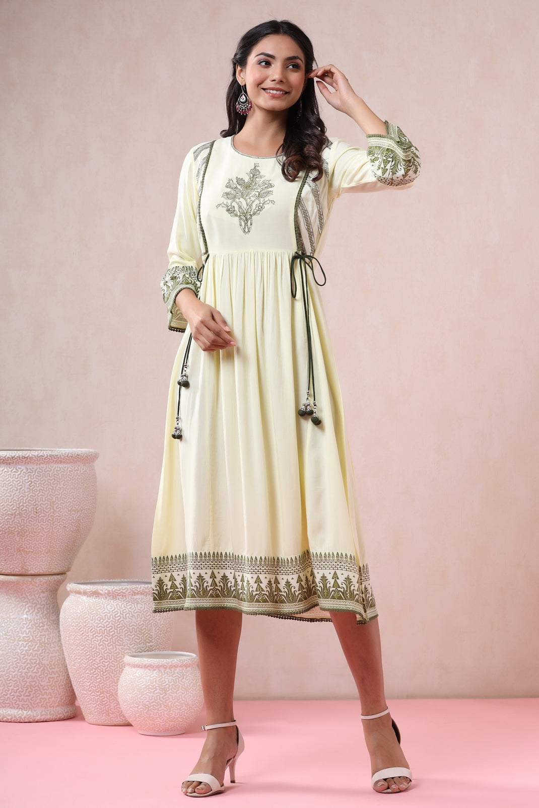 Light Olive Rayon Embroidered Flared Dress