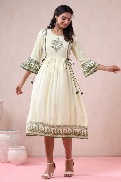 Light Olive Rayon Embroidered Flared Dress