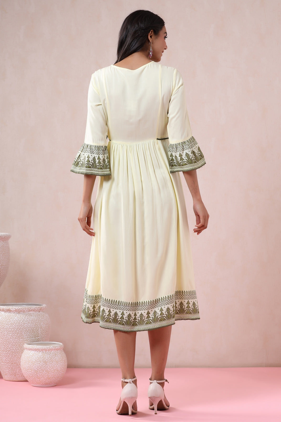 Light Olive Rayon Embroidered Flared Dress