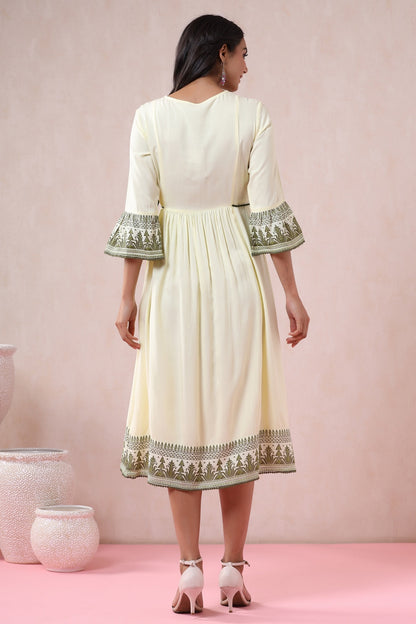 Light Olive Rayon Embroidered Flared Dress