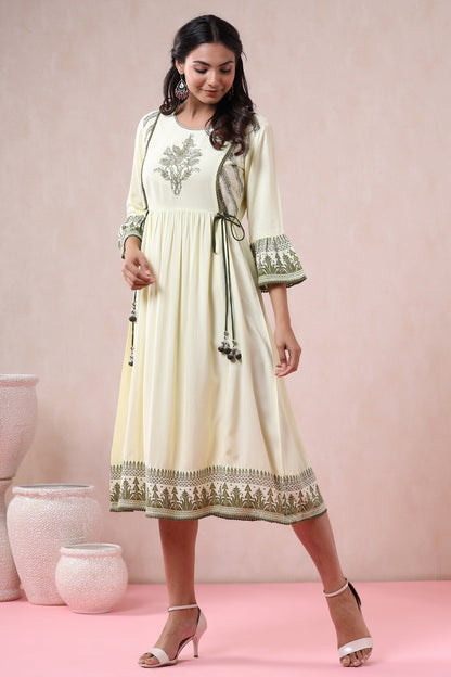 Light Olive Rayon Embroidered Flared Dress