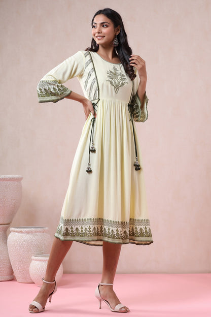 Light Olive Rayon Embroidered Flared Dress