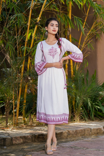 Purple Rayon Embroidered Flared Dress